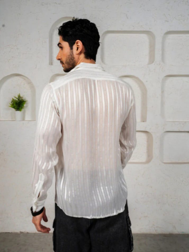 Streak Hawk Relaxed Spread Collar Semi Sheer Satin Striped Party Shirt